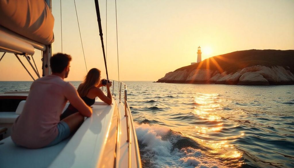 يخت في برايا دا ماريتا خلال تراث البرتغال لليخوت، مع زوجين يصوران قلعة ساغريس في الخلفية.